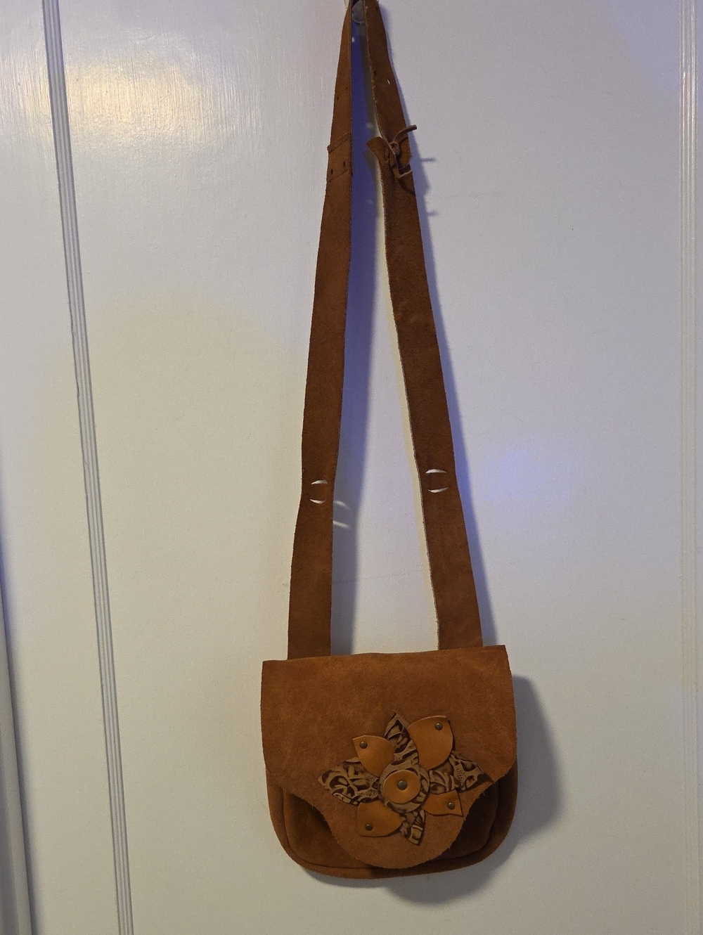 Brown Suede Super Soft Leather Crossbody Bag with Floral Accent